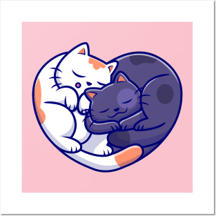 Cute Cat And Dog Sleeping Together Cartoon Posters and Art